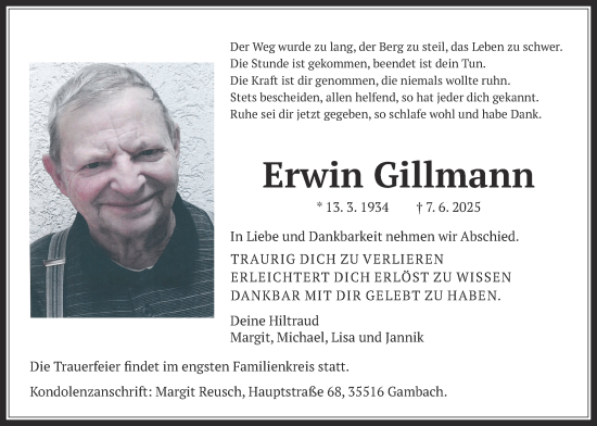 Traueranzeige von Erwin Gillmann von Butzbacher Zeitung