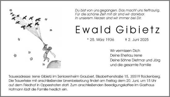 Traueranzeige von Ewald Gibietz von Wetterauer Zeitung, Butzbacher Zeitung