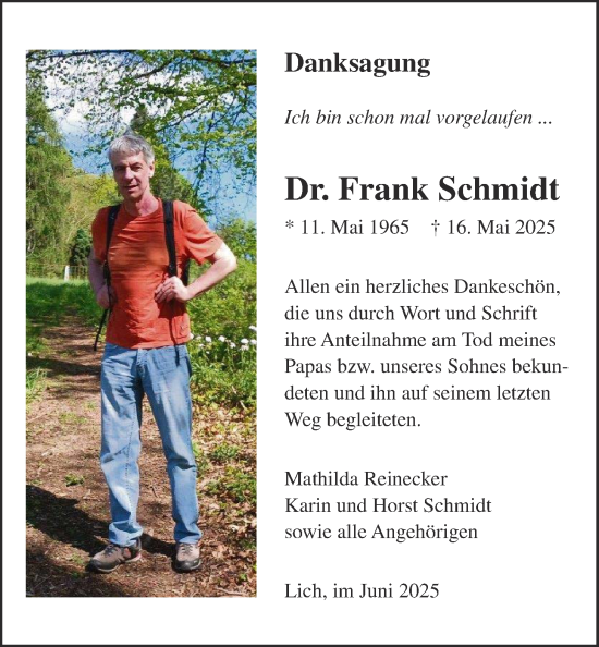Traueranzeige von Frank Schmidt von Licher Wochenblatt, Licher Wochenblatt