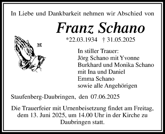 Traueranzeige von Franz Schano von Giessener Allgemeine, Alsfelder Allgemeine