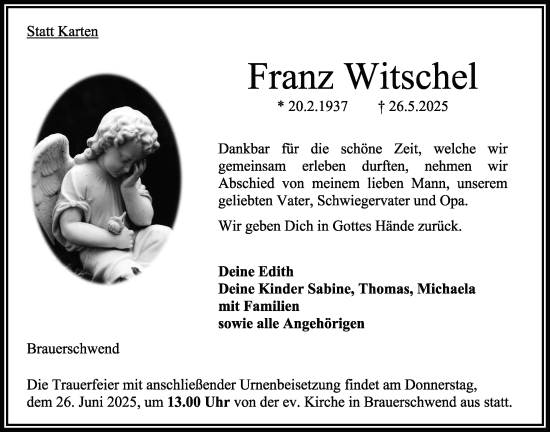 Traueranzeige von Franz Witschel von Oberhessische Zeitung