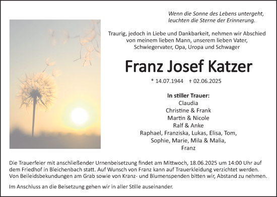 Traueranzeige von Franz Josef Katzer von Kreis-Anzeiger