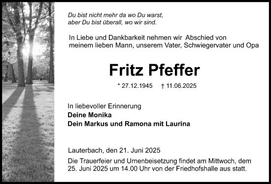 Traueranzeige von Fritz Pfeffer von Lauterbacher Anzeiger