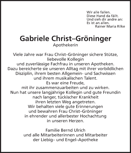 Traueranzeige von Gabriele Christ-Gröninger von Wetterauer Zeitung