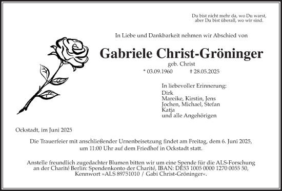 Traueranzeige von Gabriele Christ-Gröninger von Wetterauer Zeitung