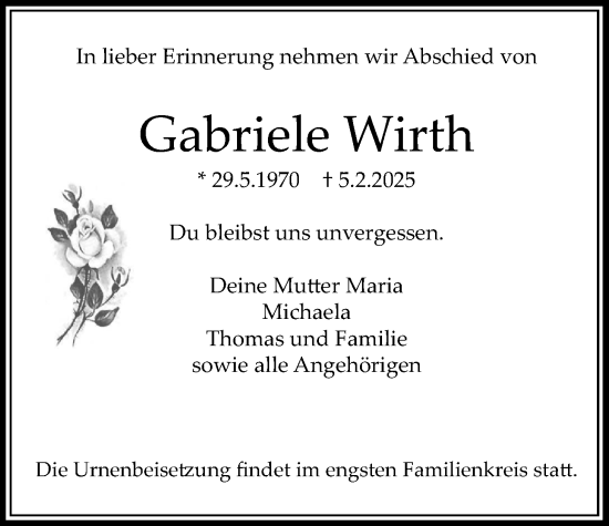 Traueranzeige von Gabriele Wirth von Bad Vilbel/Karben