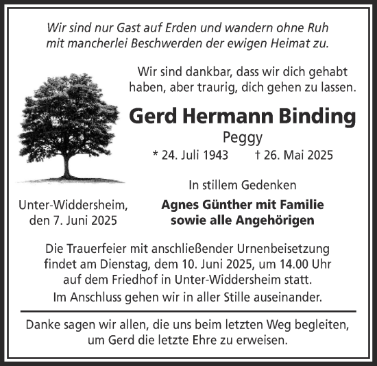 Traueranzeige von Gerd Hermann Binding von Kreis-Anzeiger