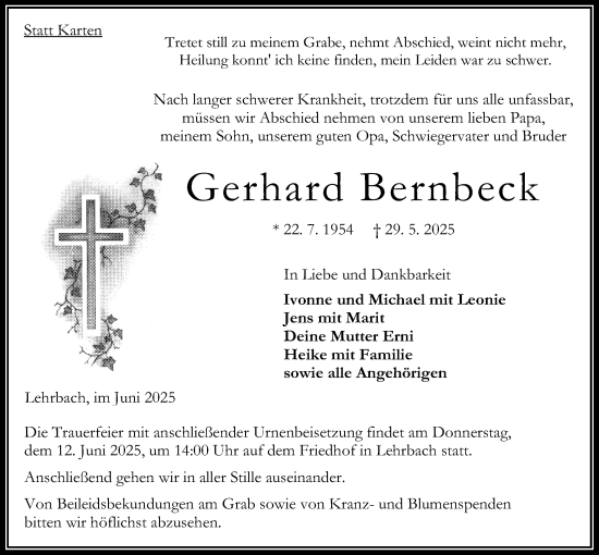 Traueranzeige von Gerhard Bernbeck von Alsfelder Allgemeine, Oberhessische Zeitung