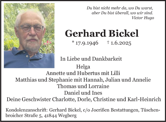 Traueranzeige von Gerhard Bickel von Wetterauer Zeitung