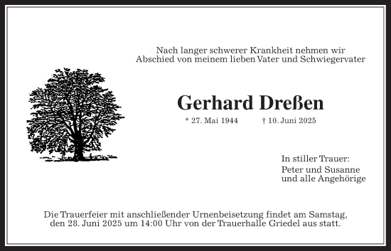 Traueranzeige von Gerhard Dreßen von Butzbacher Zeitung