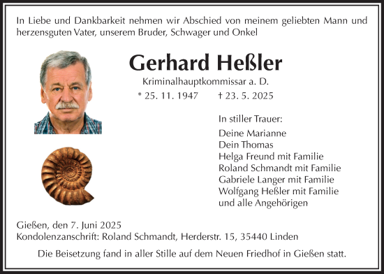 Traueranzeige von Gerhard Heßler von Giessener Anzeiger, Giessener Allgemeine, Alsfelder Allgemeine