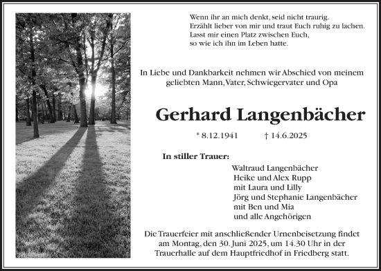 Traueranzeige von Gerhard Langenbächer von Wetterauer Zeitung