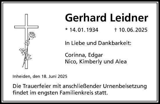 Traueranzeige von Gerhard Leidner von Licher Wochenblatt, Licher Wochenblatt