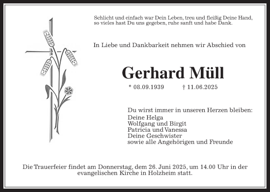Traueranzeige von Gerhard Müll von Giessener Allgemeine, Alsfelder Allgemeine