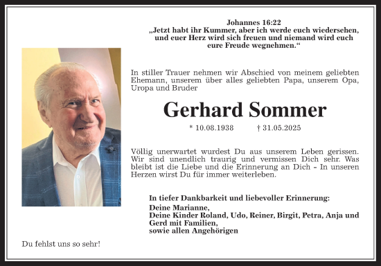 Traueranzeige von Gerhard Sommer von Kreis-Anzeiger