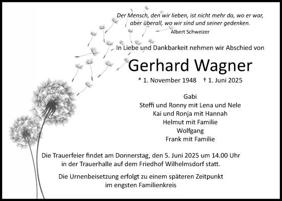 Traueranzeige von Gerhard Wagner von Usinger Anzeiger