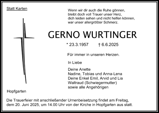 Traueranzeige von Gerno Wurtinger von Oberhessische Zeitung