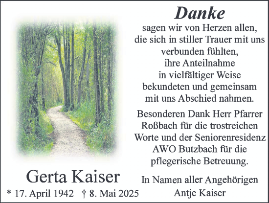 Traueranzeige von Gerta Kaiser von Butzbacher Zeitung