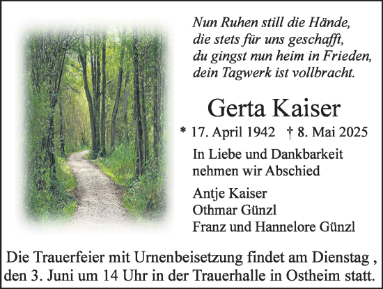 Traueranzeige von Gerta Kaiser von Butzbacher Zeitung