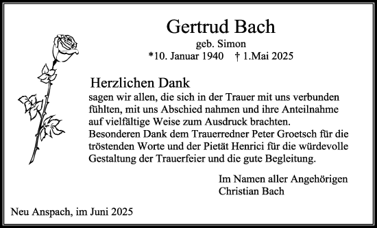 Traueranzeige von Gertrud Bach von Usinger Anzeiger, Usinger Anzeigenblatt