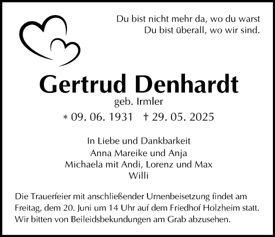 Traueranzeige von Gertrud Denhardt von Pohlheimer Nachrichten