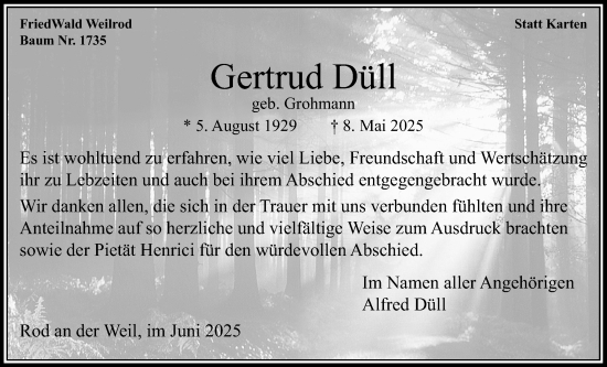 Traueranzeige von Gertrud Düll von Usinger Anzeigenblatt