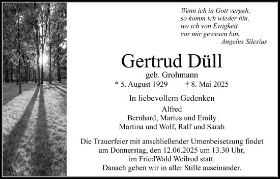 Traueranzeige von Gertrud Düll von Usinger Anzeigenblatt