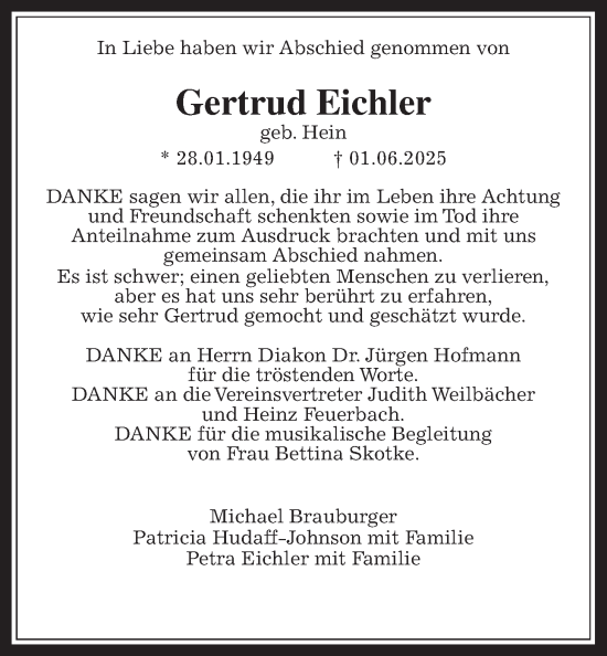 Traueranzeige von Gertrud Eichler von Wetterauer Zeitung