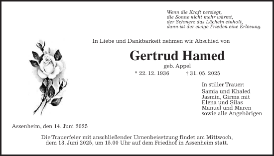 Traueranzeige von Gertrud Hamed von Wetterauer Zeitung