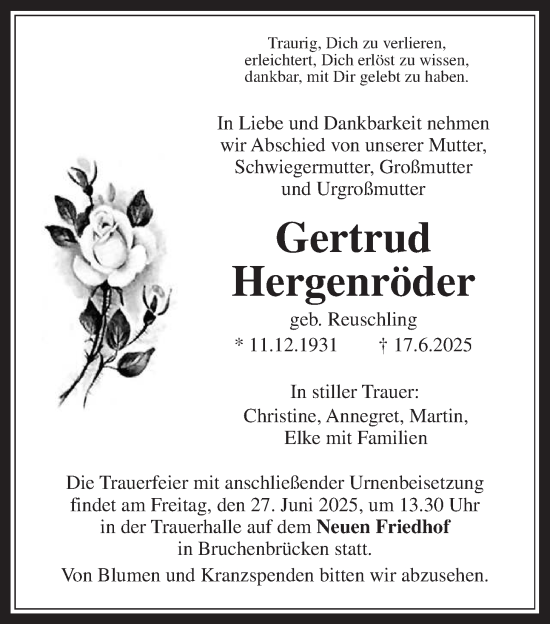 Traueranzeige von Gertrud Hergenröder von Wetterauer Zeitung