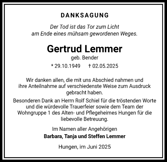 Traueranzeige von Gertrud Lemmer von Licher Wochenblatt
