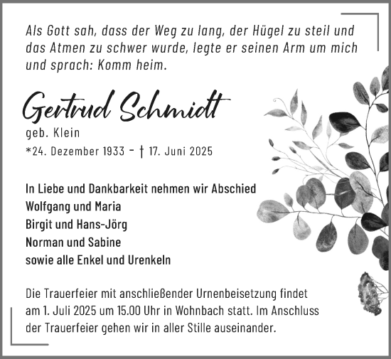 Traueranzeige von Gertrud Schmidt von Wetterauer Zeitung