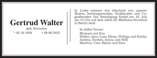 Traueranzeige von Gertrud Walter von Giessener Anzeiger