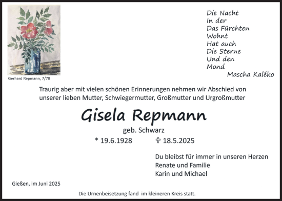 Traueranzeige von Gisela Repmann von Giessener Anzeiger, Giessener Allgemeine, Alsfelder Allgemeine