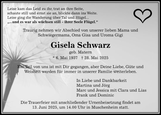 Traueranzeige von Gisela Schwarz von Licher Wochenblatt, Licher Wochenblatt