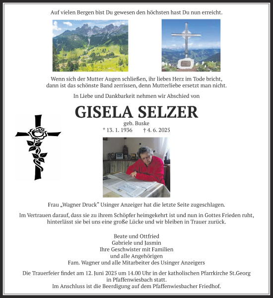 Traueranzeige von Gisela Selzer von Usinger Anzeiger