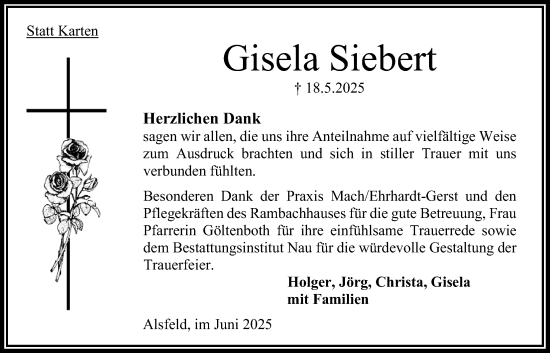 Traueranzeige von Gisela Siebert von Oberhessische Zeitung