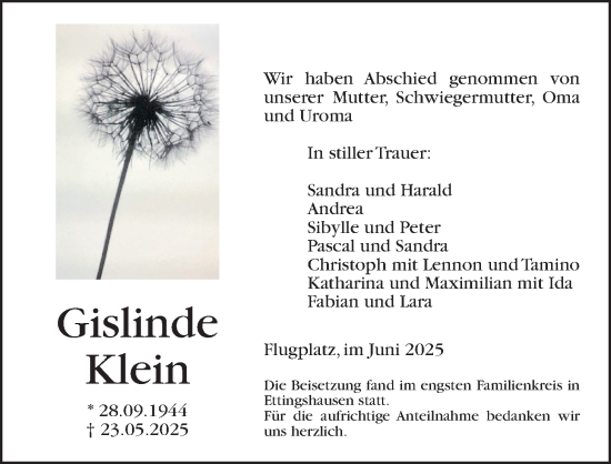 Traueranzeige von Gislinde Klein von Giessener Anzeiger, Giessener Allgemeine, Alsfelder Allgemeine