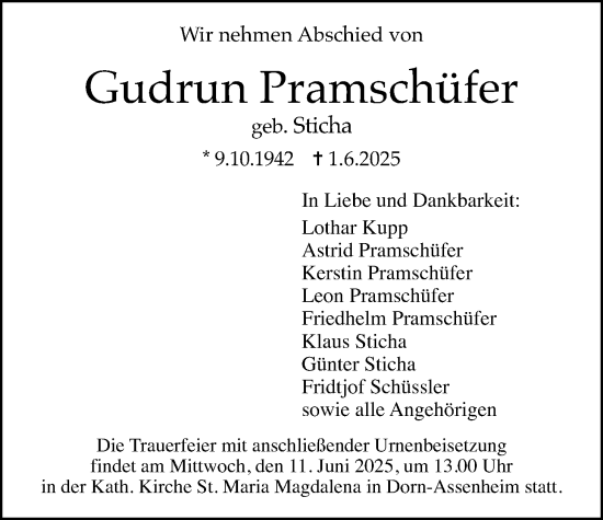Traueranzeige von Gudrun Pramschüfer von Wetterauer Zeitung