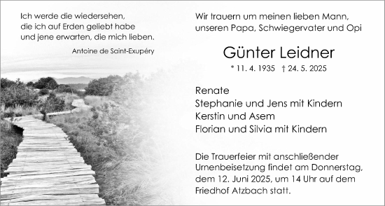 Traueranzeige von Günter Leidner von Giessener Allgemeine, Alsfelder Allgemeine