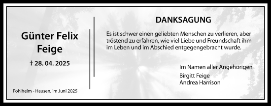 Traueranzeige von Günter Felix Feige von Pohlheimer Nachrichten, Giessener Allgemeine, Alsfelder Allgemeine, Giessener Anzeiger
