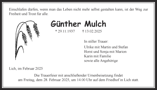 Traueranzeige von Günther Mulch von Licher Wochenblatt, Licher Wochenblatt
