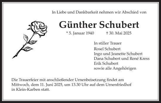 Traueranzeige von Günther Schubert von Bad Vilbel/Karben