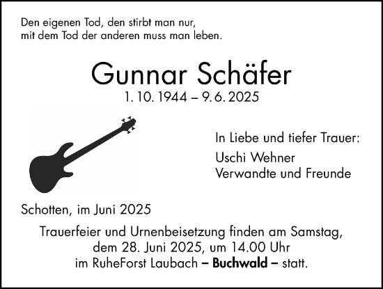Traueranzeige von Gunnar Schäfer von Kreis-Anzeiger