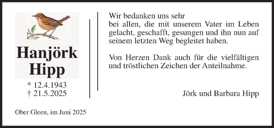 Traueranzeige von Hanjörk Hipp von Oberhessische Zeitung