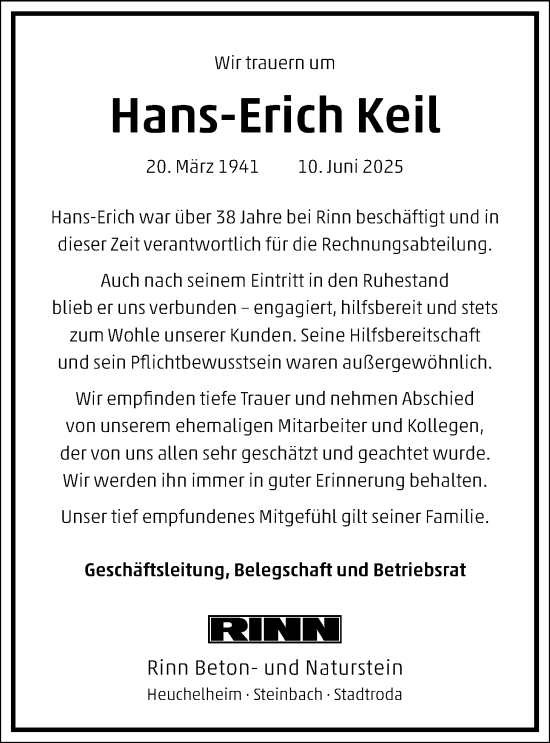 Traueranzeige von Hans-Erich Keil von Giessener Anzeiger, Giessener Allgemeine, Alsfelder Allgemeine