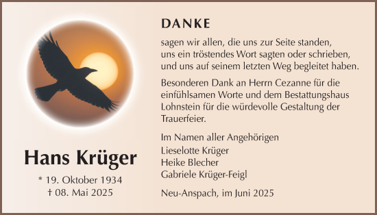 Traueranzeige von Hans Krüger von Usinger Anzeiger, Usinger Anzeigenblatt