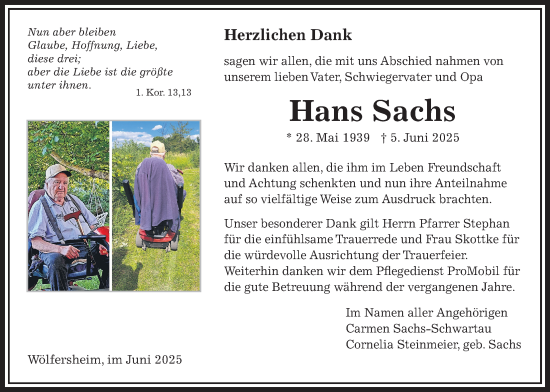 Traueranzeige von Hans Sachs von Wetterauer Zeitung