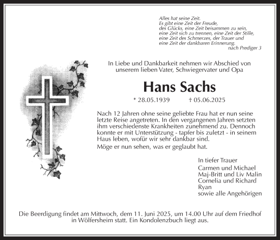 Traueranzeige von Hans Sachs von Wetterauer Zeitung