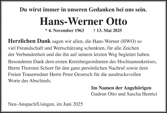 Traueranzeige von Hans-Werner Otto von Usinger Anzeigenblatt